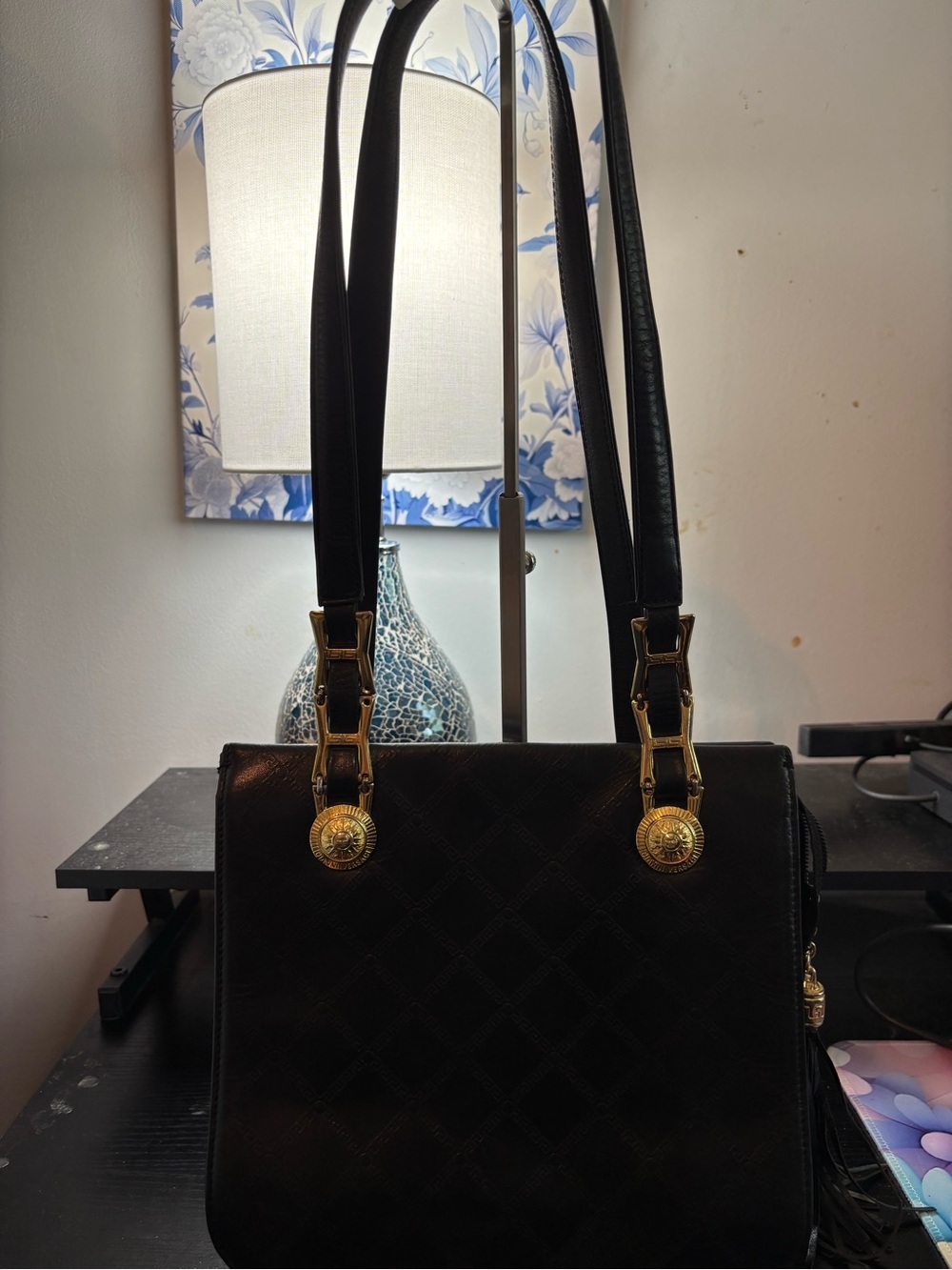 Rare Archival Gianni Versace 1990s Sunburst Tassel Shoulder Bag Black Leather